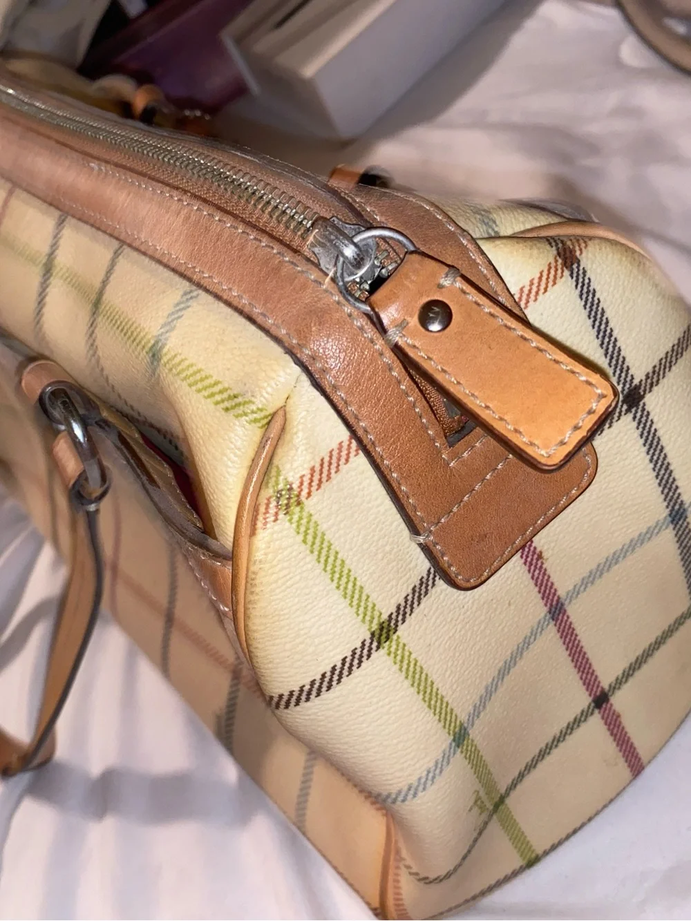 Coach Cream Plaid Tote with Pink Center Stripe and Tan Trim